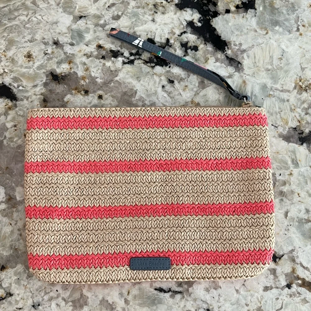 Vera Bradley Natural Straw Wristlet with Coral Stripes